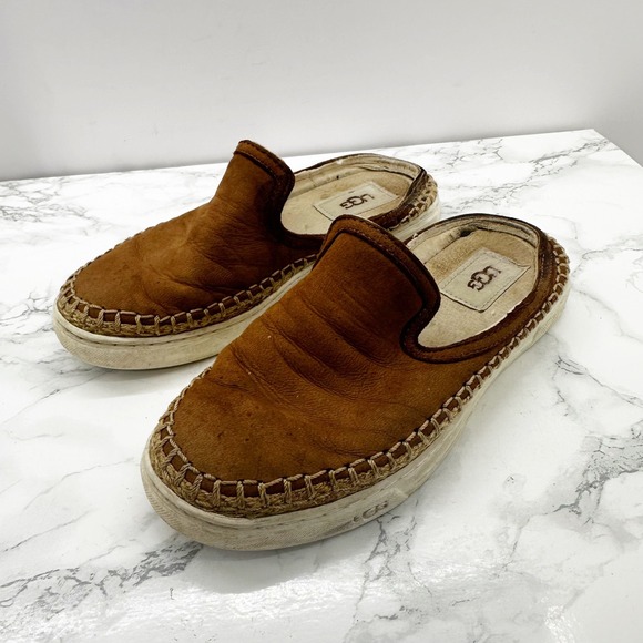UGG Caleel Sz 5 Chestnut Brown Leather Whipstitch Espadrille Slip On Mules - Picture 2 of 6
